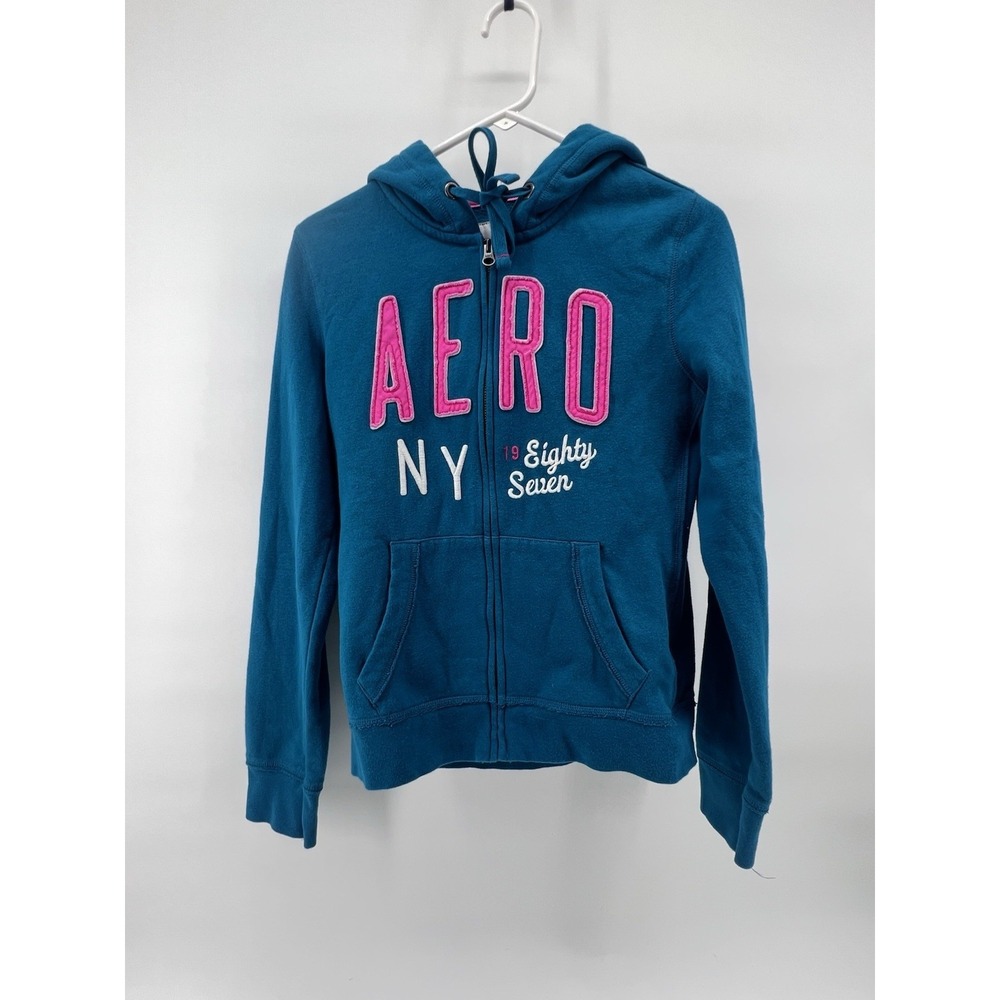 AEROPOSTALE Womens Teen Y2K Style Hoodie Full Zip Logo‎ Large Pink Turquoise